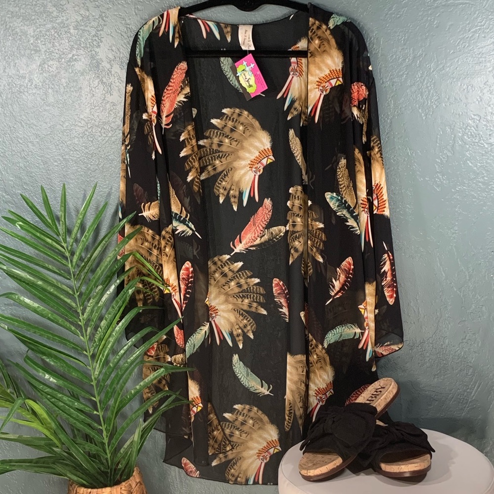 Now N Forever Black Feather Pattered Kimono